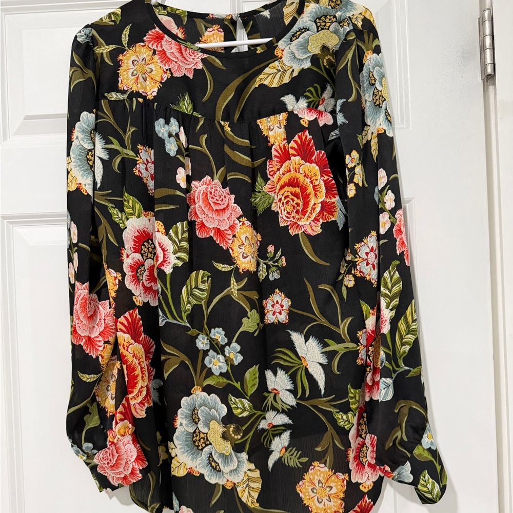 LOFT Black Floral Long-Sleeve Blouse with Pink, Yellow & Blue Flowers